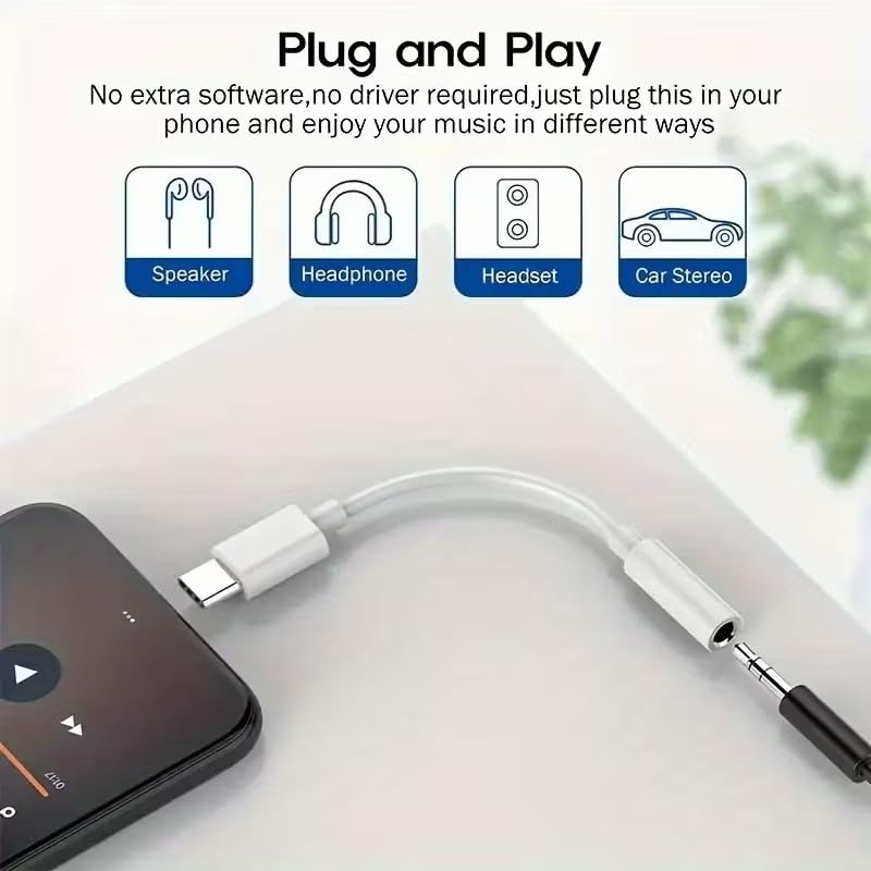 USB Type-C to 3.5mm Headphone Adapter, Digital Type-c to Aux Cable with DAC Chip USB Type C to 3.5mm Headphone Jack Adapter (White) White