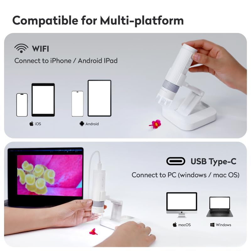M2C Wireless Digital Microscope 50X-1000X Handheld Portable Microscope 1080P HD with Adjustable Stand, USB Coin Microscope Camera Magnifier Compatible with iPhone Android iPad & PC, White