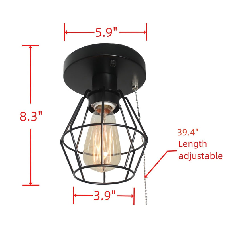 Black Metal Wire Cage Ceiling Light with Pull Chain, 1-Light Modern Industrial Semi Flush Mount Light Small Pull String Entryway Porch Ceiling Light Fixture Edison E26 161 1-light 161