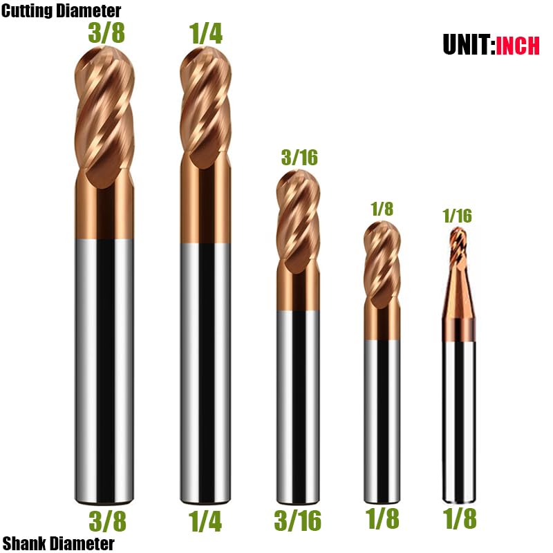 1/16" 1/8" 3/16" 1/4" 3/8" Carbide Ball Nose end Mill Bits Set - 5Pcs 4 Flutes TISIN Coated - for Alloy Steels, Hardened Steels
