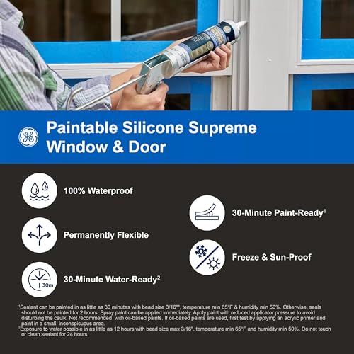 GE Supreme Paintable Silicone Caulk for Window & Door, White, 9.5 fl oz Cartridge, 1 Pack - 100% Waterproof Silicone Sealant, 7X Stronger Adhesion, Freeze & Sun Proof Pack of 1
