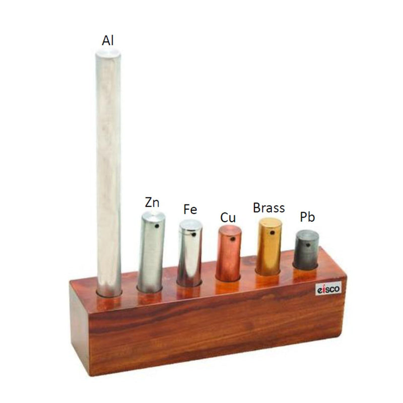EISCO 6pc Equal Mass Metal Cylinders Set - Copper, Lead, Brass, Zinc, Iron & Aluminum - Includes Wooden Storage Block - for Specific Heat, Specific Gravity & Density Experimentation