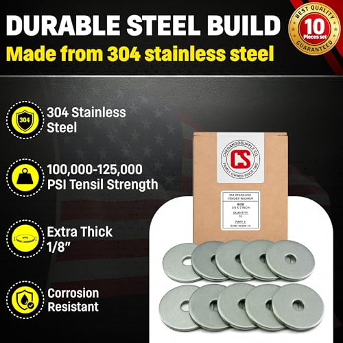 Chenango Supply 3/8 x 2 Stainless Steel Fender Washers, Extra Thick 1/8 3/8" x 2" 10Pack