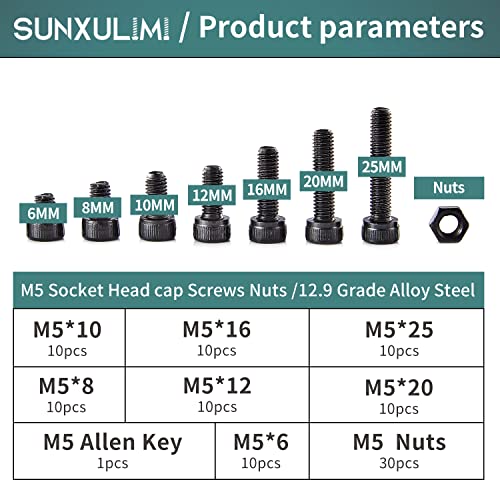 M5 x 6mm 8mm 10mm 12mm 16mm 20mm 25mm Hex Socket Head Cap Screws Bolts and Nuts, Metric Allen Hex Drive, 12.9 Grade Alloy Steel, Black Oxide Finish, Fully Threaded, Assortment Kit 100PCS M5 Socket Head(100PCS)