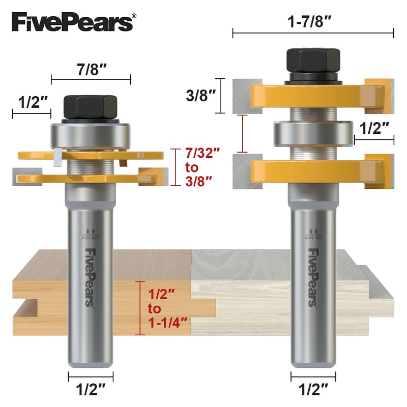 FivePears Adjustable Tongue and Groove Router Bit Set with 1/2 Inch Shank, Shaker Style 3 Teeth T Shape Wood Milling Router Bit for Match Oak Hardwood Floor Wainscoting Boards Joinery 1/2-Inch Shank Adjustable Tongue and Groove Router Bits