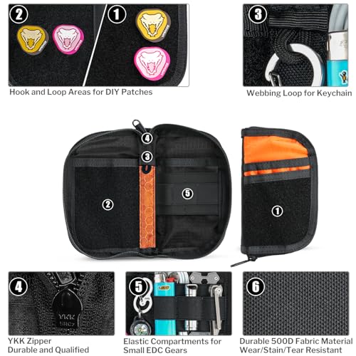 VIPERADE VE22 EDC Pouch Small Pocket Organizer with 9 Compartments, Pocket Tools Pouch with DIY Patches Areas, Compact Multitool Organizer Bag for Men Orange