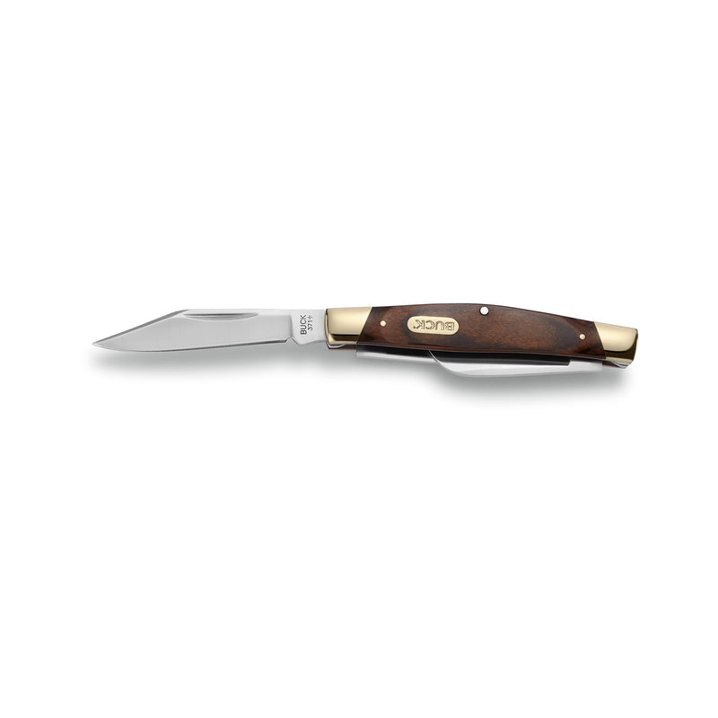 Buck Knives 371 Stockman 3-Blade Folding Pocket Knife, Woodgrain Inlay Handle with Nickel Silver Bolsters, 420J2 Steel Clip, Spey, and Sheepsfoot Blades, EDC Multi-Blade Pocket Knife, 3.1 oz Brown