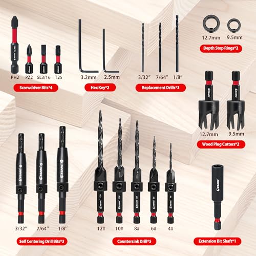 EZARC Countersink Drill Bit Set, 22PCS with Self Centering Drill Bits Complete Woodworking Set (22PC)
