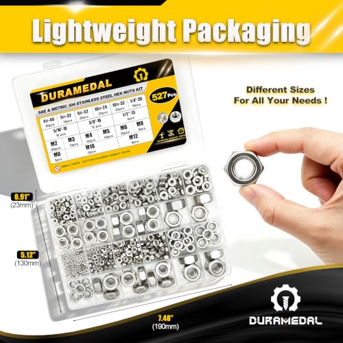 527Pcs SAE & Metric Hex Nuts Set M2, M3, M4, M5, M6, M8, M10, M12 SAE&Metric 17Size Set;527pcs