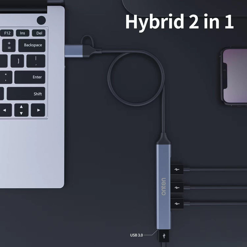 USB Hub, ONTEN USB C to USB Adapter, USB C to USB A Hub with 1.6ft Cable,4 Ports USB-C USB Hub 3.0/2.0, for MacBook Pro, iMac 2021, USB Splitter Aluminum Alloy, Color Gray blue