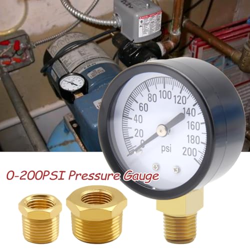Uenede 0-200PSI Pressure Gauge 1/4" NPT Brass Bottom Mount with Bushing 200PSI(1/4"NPT) Pressure Gauge + Bushing