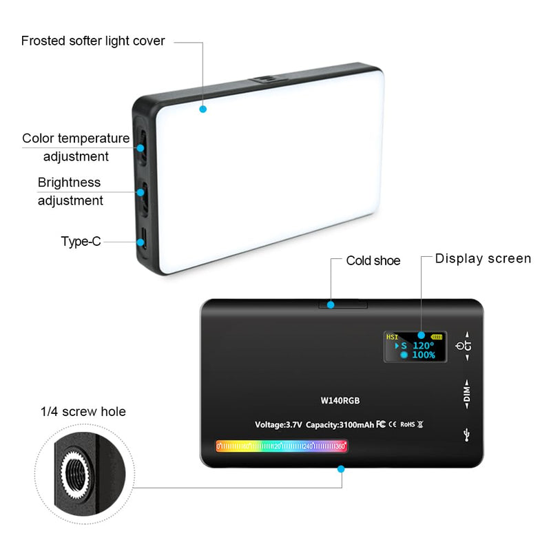 RGB Video Light with Multi Functional Stand, 140 Lamp Beads 360° Full Color LED Camera Light with 3 Cold Shoe CRI≥95 2500K-9000K±200K, 2000mAh Rechargeable Photography Lighting with 20 Scene Modes W140RGB