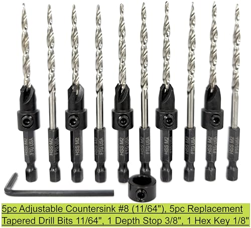 FTG USA 5 Pc #8 (11/64") Countersink Drill Bit Set with 5 Replacement Bits 5 Countersinks + 5 Spares
