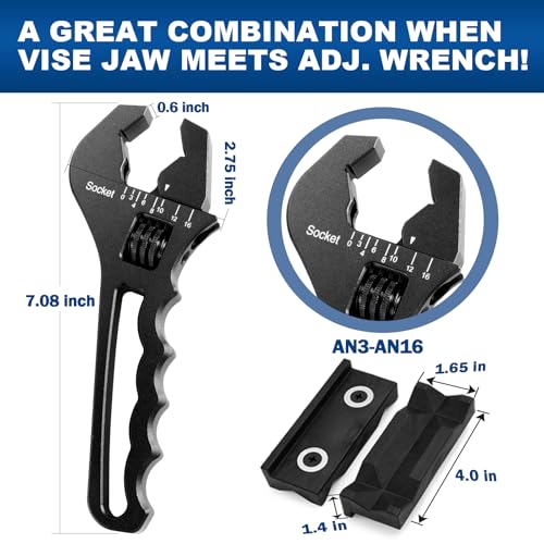 AN Fittings Wrench 3AN-16AN Hose Fittings Adjustable Wrench For An Hose End Fittings Adapter Lightweight Aluminum Black (With 4" Vise Jaws Pads) Large