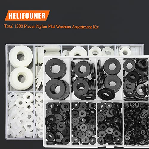 HELIFOUNER 1200 Pieces 8 Sizes White Nylon Flat Washers and Black Nylon Flat Washers Assortment Kit - M2 M2.5 M3 M4 M5 M6 M8 M10 White + Black