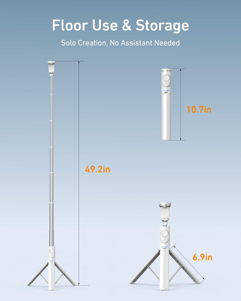 TELESIN Selfie Stick Tripod for Phone with Zoom Remote and Phone Holder | 49" Extendable Tripods for iPhone 17/16/15/14/13/Samsung Android Cell Phone Stand, Travel Tripod for Video Recording, White