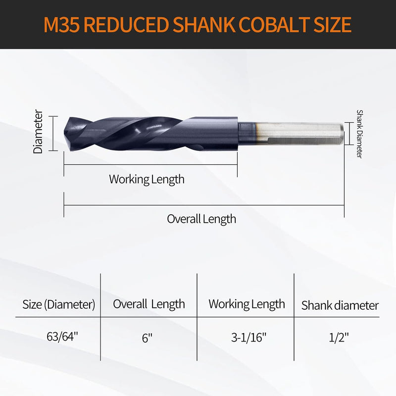 Meccion 63/64 Inch Drill Bits Titanium Aluminum Nitride Coated, M35 Cobalt High Speed Steel Reduced Shank Drill Bit for Metal，Stainless Steel, cast Iron, Copper, Aluminum Etc. 63/64 in.