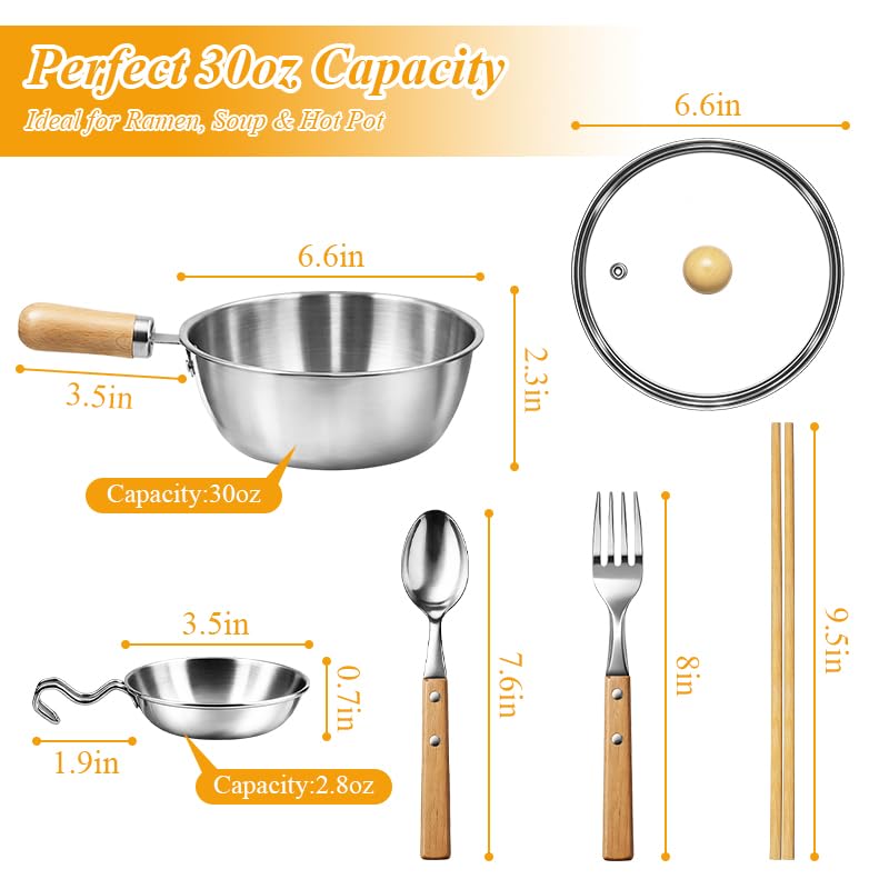 Korean Ramen Pot Set, 18/8 Stainless Steel Ramen Cooking Pot with Glass Lid, Coating-Free One-Person Dining Set, Wooden Handle Bowl, Fork Spoon Chopsticks&Sauce Dish, Safe for Gas Stove Glass Lid Pot