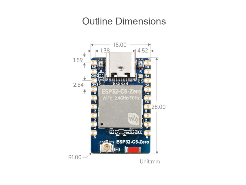 waveshare ESP32-C5 Mini 2.4GHz/5GHz Dual-Band Wi-Fi Development Board Based on ESP32-C5-HF4，Integrated Bluetooth 5 (LE),IEEE 802.15.4 (Zigbee 3.0 and Thread) Wireless Communications