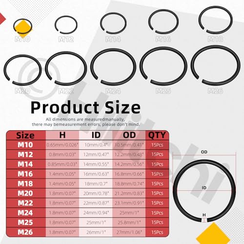 Hilitchi 150PCS Round Wire C-Clips 10 Sizes GB895.2 Retainer Clip Black Internal Snap Rings Round Wire Snap Rings Assortment Kit for Hole Shaft