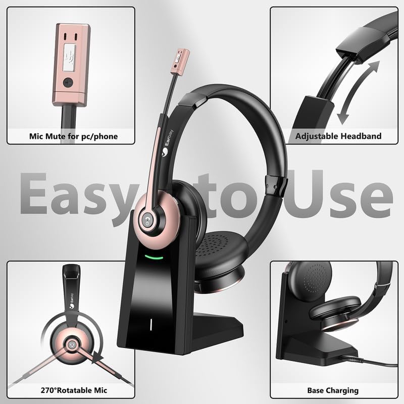 Earbay Wireless Headset, Bluetooth Headphones with Microphone Noise Canceling & Mute, Wireless Headset with Mic USB Dongle/Charge Dock for PC Computer Phone Work Office Meetings Call Teams Black Gold