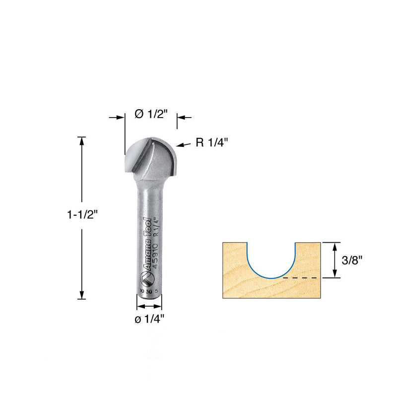 Amana Tool - 45910 Carbide Tipped Core Box 1/4 Radius x 1/2 Dia x 3/8 x 1/4" Shank