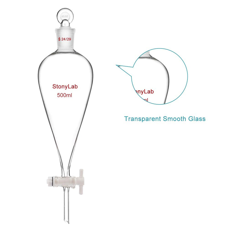 stonylab PTFE Stopcock Separatory Funnel 500 ml, Borosilicate Glass Heavy Wall Conical Pear-Shaped Funnel with 24/29 Joint
