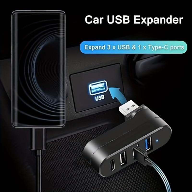 4-Port USB 3.0 Hub [90°/180° Degree Rotatable] | USB Splitter with PD-in 5W USB C Port, USB Extender for Laptop, Car, iMac, MacBook Air, MacBook Pro, and More