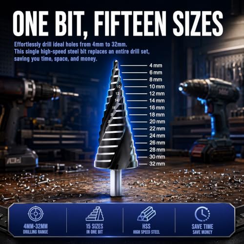 M35 Cobalt Hss Step Drill Bit, TiAlN-Coated 3-Spiral Stepped Drill Bit Ø 4-32 mm,15 Steps Cone Drill Bit for Stainless Steel, Metal, Wood and Plastic
