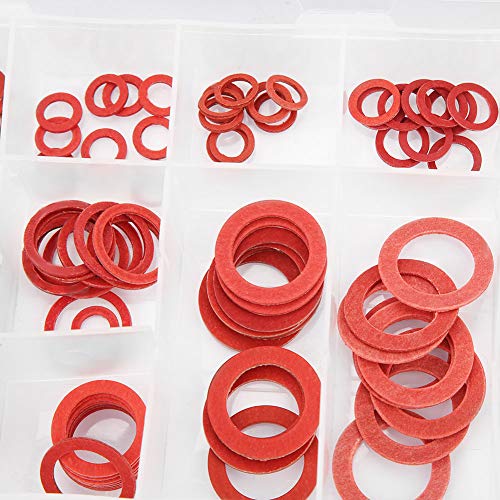 150Pcs Fiber Washer Insulation Flat Washer Assortment, 14 Sizes Red Flat Ring Washers Assortment Kit Steel Paper Sealing Washers Set