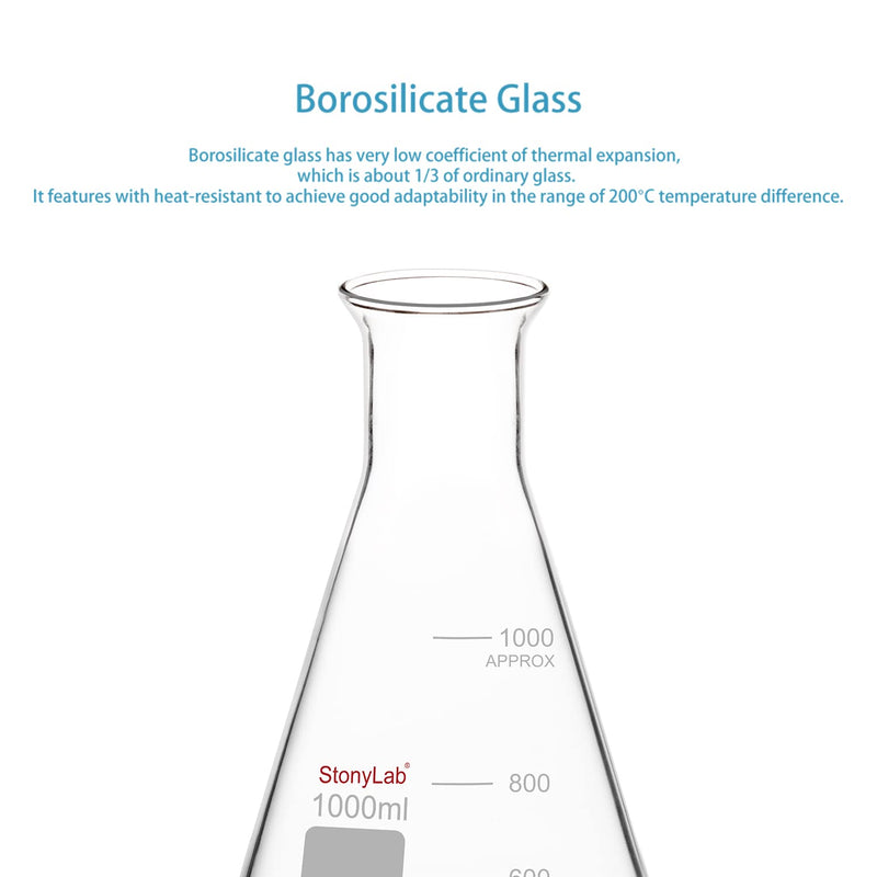 stonylab Glass Wide Mouth Erlenmeyer Flask, 1000 ml Borosilicate Glass Erlenmeyer Flask with Heavy Duty Rim, 1 Pack