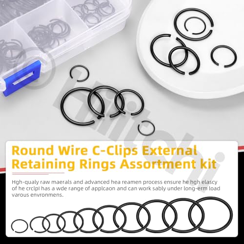 Hilitchi 150PCS Round Wire C-Clips 10 Sizes GB895.2 Retainer Clip Black Internal Snap Rings Round Wire Snap Rings Assortment Kit for Hole Shaft