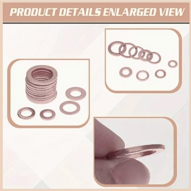 100pcs Flat Copper Washer Assortment Set 9 Sizes M5-M14 O Ring Copper Gaskets Set Flat Ring Seal Kit