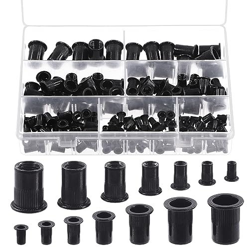Keadic 180Pcs Carbon Steel Threaded Rivet Nuts Assortment Set M3 M4 M5 M6 M8 M10 M12 Rivnut, Zinc-Plated Black Knurled Flat Head Threaded Insert Nut for Furniture Mechanical Fasteners Metric Rivnut Assortment Set-180pcs