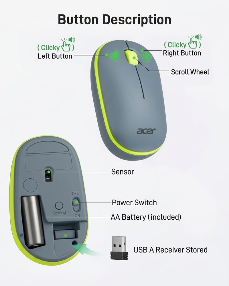 Acer Wireless Mouse for Laptop, 2.4GHz Wireless Mouse with USB Receiver - Smooth Tracking, 12-Month Battery, for Windows, macOS, ChromeOS, Compatible with PC, Mac, Laptop, Tablets - Blue