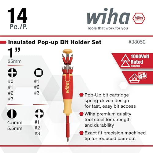 Wiha 38050 14 Piece Insulated Pop-up Bit Holder Set Slotted, Phillips, Square, Pozidriv. Pozidriv, Slotted, Phillips & Square Set
