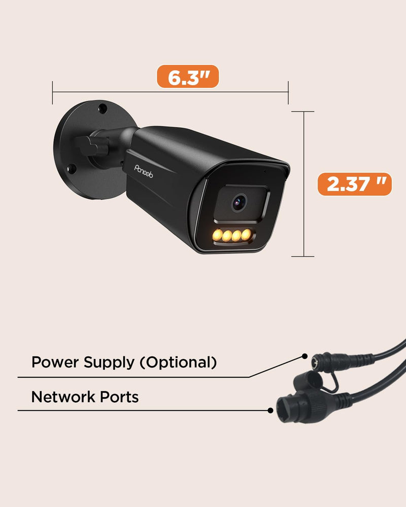 4K PoE IP Bullet Camera with Smart Color Night Vision, 8MP Wired Video Surveillance Security IP PoE Camera Indoor/Outdoor, AI Human/Vehicle Dtection, Two-Way Audio, Black, PB65A3-8MDL