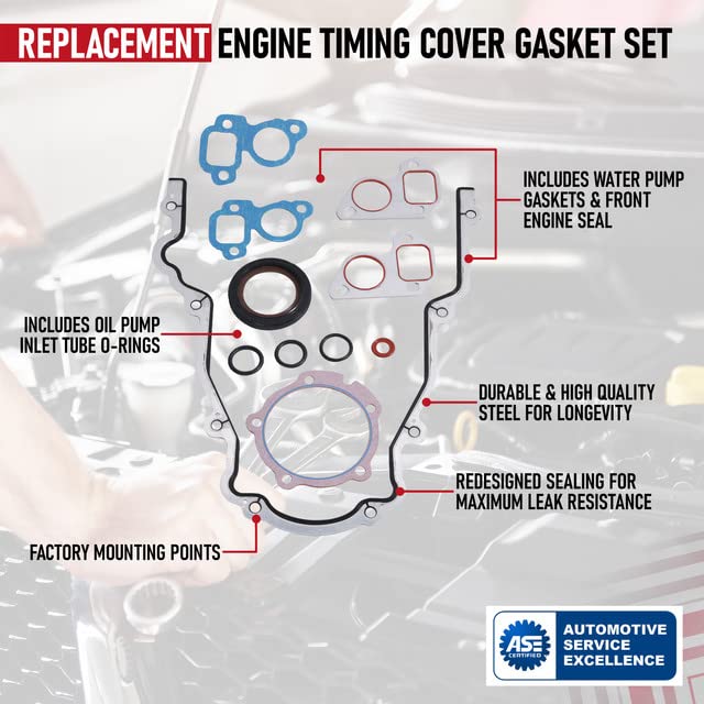 Engine Timing Cover Gasket Set - Replaces TCS45993, 12633904, Compatible with Buick, Cadillac, Chevrolet, GMC, Hummer - 4.8L 5.3L 5.7L 6.0L 6.2L Rainier, Escalade, Avalanche, Sierra, Silverado, Yukon Gasket Set TCS45993