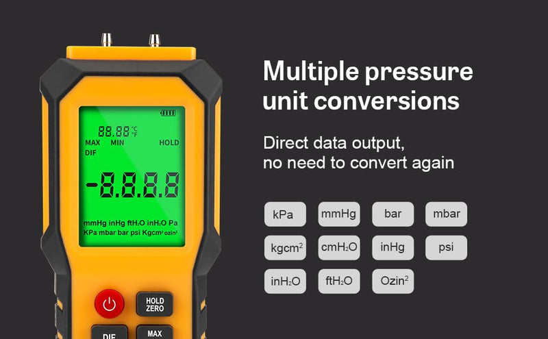 YZT Meter Manometer Air Pressure Meter, Digital Differential Pressure Gauge, HVAC Gas Pressure Meter Dual-Port Manometer Gas Pressure Tester (9v Battery Included)… 1/8 Inches Diameter Port