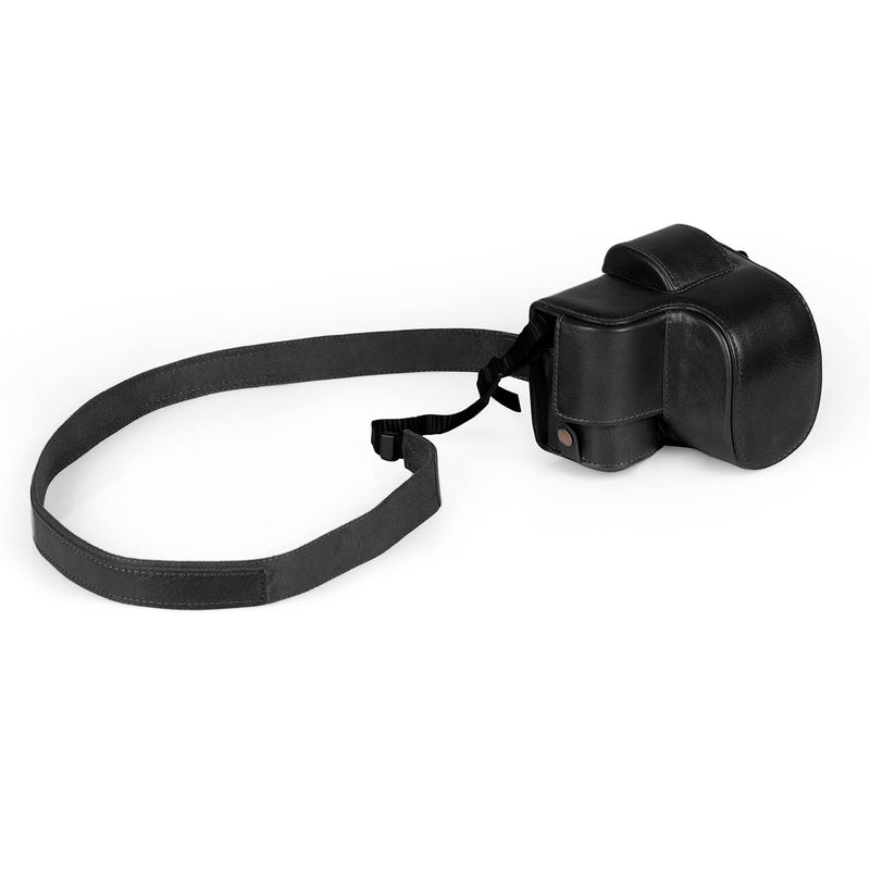 MegaGear MG2006 Ever Ready Genuine Leather Camera Case Compatible with Sony ZV-E10, Full Body Protection Lens Cover Bag with Shoulder Strap, Black
