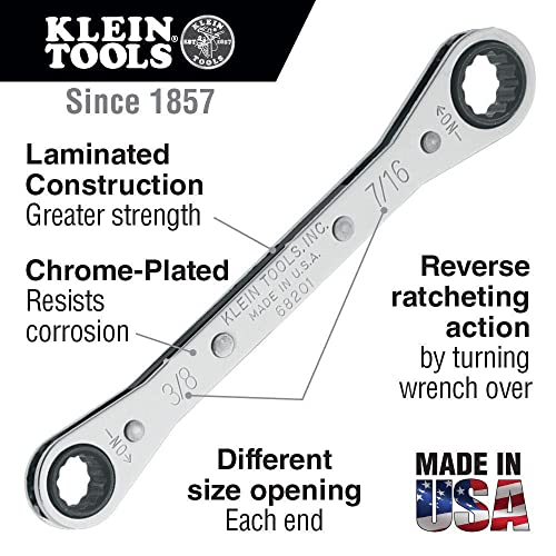 Klein Tools 68204 Ratcheting Box Wrench, Made in USA, 5/8-Inch x 3/4-Inch with Reverse Ratcheting and Chrome Plated Finish