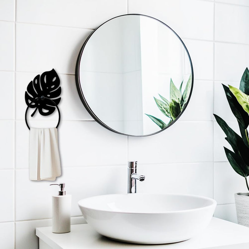 MAYJOYDIY Monstera Leaf Metal Towel Ring Leave Shape Towel Holder Plants Theme Rustic Wall Decor Towel Hanger Black Art Towel Rack Wall Mounted for Bathroom Kitchen Home Decors Gift