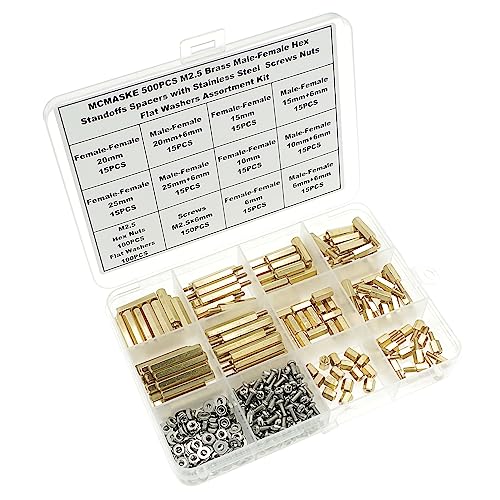 500PCS M2.5 Brass Male-Female Hex Standoffs Spacers Screws Nuts Flat Washers Assortment Kit;Female Lengths:6mm to 25mm
