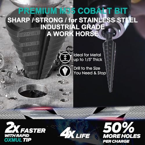 Large Step Drill Bit for Steel,1-5/8",13Hole,M42 Cobalt Step Bit, 1-5/8"