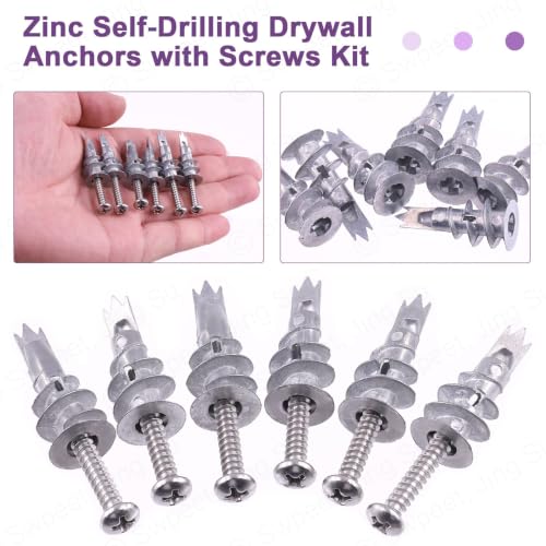 Swpeet 120Pcs Heavy Duty Zinc Self Drilling Drywall Anchors with #8 x 1-1/4'' Screws Kit, No Pre Drill Hole Preparation Required - Self-Tapping Drywall Anchors for Hanging and Mounting Zinc Self-Drilling Drywall Anchors with Screws