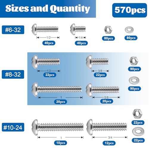 570Pcs Phillips Pan Head Nuts and Bolts Assortment Kit#6-32#8-32#10-24 SS #6#8#10 570PCS