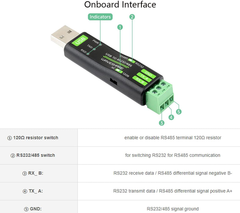 USB to RS485 or RS232 Serial Converter Adapter, Onboard Original FT232RNL Chip, built-in self-recovering fuse, TVS protection circuit, etc. Compatible with Mac, Linux, Android, Win11/10/ 8.1/8/7 USB TO RS485 or to RS232