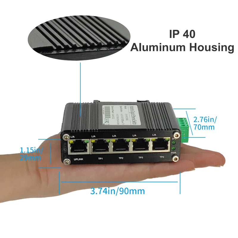 Mini Industrial 5-Port Gigabit Ethernet Switch - Hardened, 10/100/1000Mbps, Din Rail & Wall Mountable (-40 to 167 F), 10Gbps Switching Capacity Cent-S-005