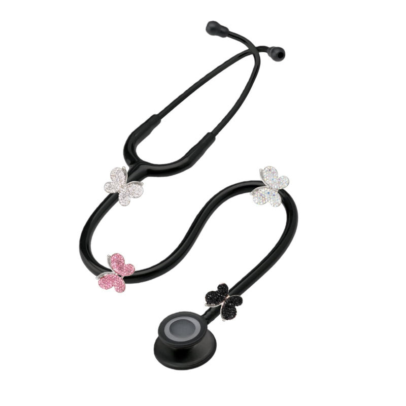 4 Pack Bling Butterfly Stethoscope Charms Diamond Stethoscope Name Tag Charm for Littmann,Nurses,Veterinary(White+Pink+Ab+Black) whtie+pink+ab+black
