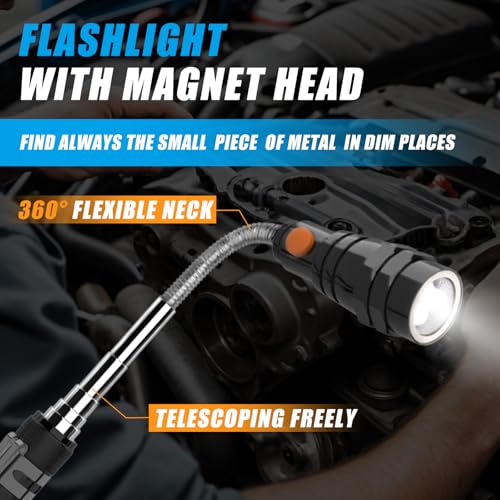 5 PCS Magnetic Pickup Tool Set, 1lb & 15lb Pick Up Rod, Magnetic Flashlight Pickup Tool, Round and Square 360 Swivel Adjustable Inspection Mirror, Mens Gifts for Him, Birthday Gifts for Men Women Dad 5Pcs Tools Set